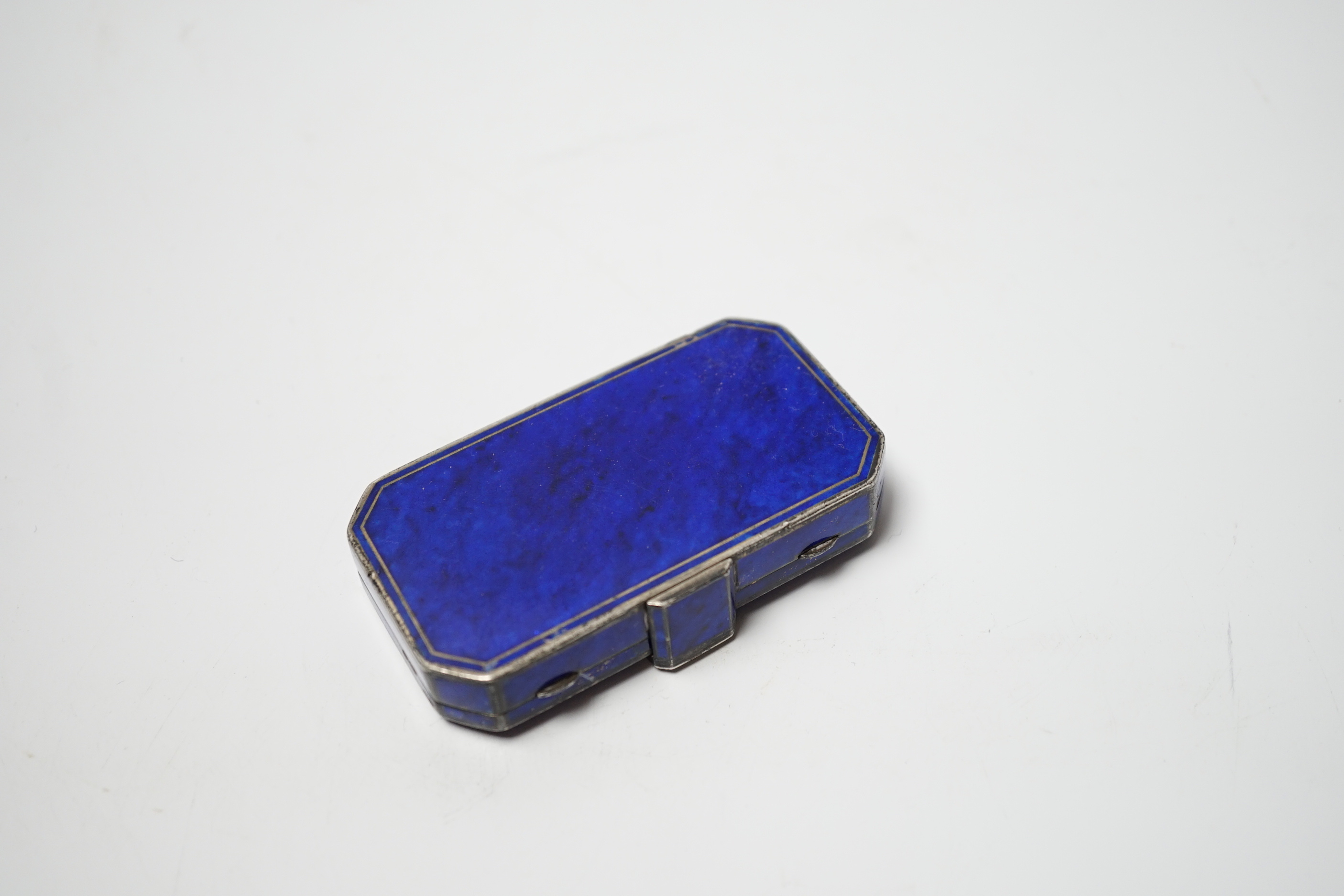 A 1920's French silver, enamel, jade and rose cut diamond chip set minaudiere, import marks for Tiffany & Co, London, 1926, of rectangular form with canted corners, 73mm (a.f.)